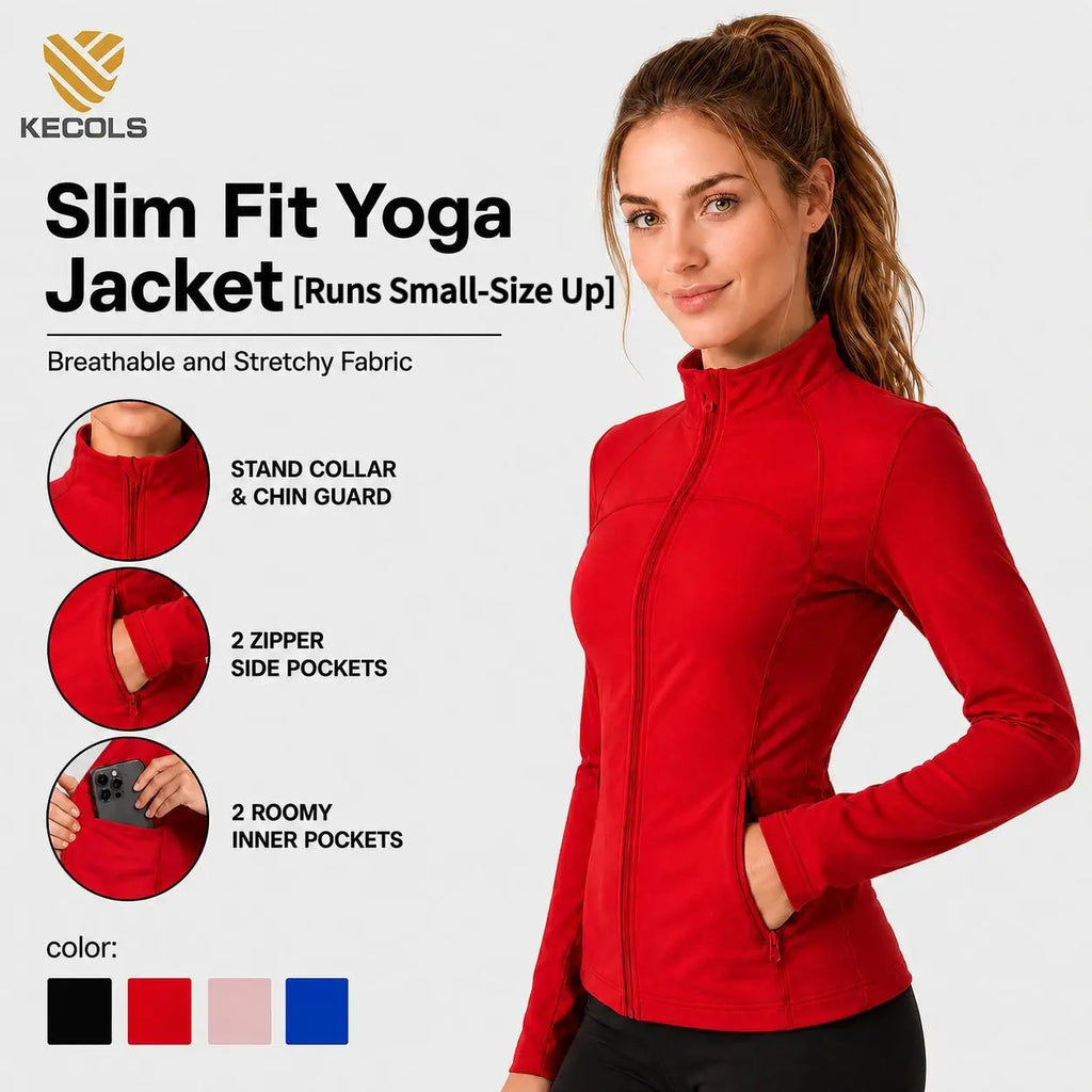 Women's Slim Fit Full Zip Jacket - Long Sleeve Yoga Top with Four Pockets for Activewear and Running (Recommended to Size Up)