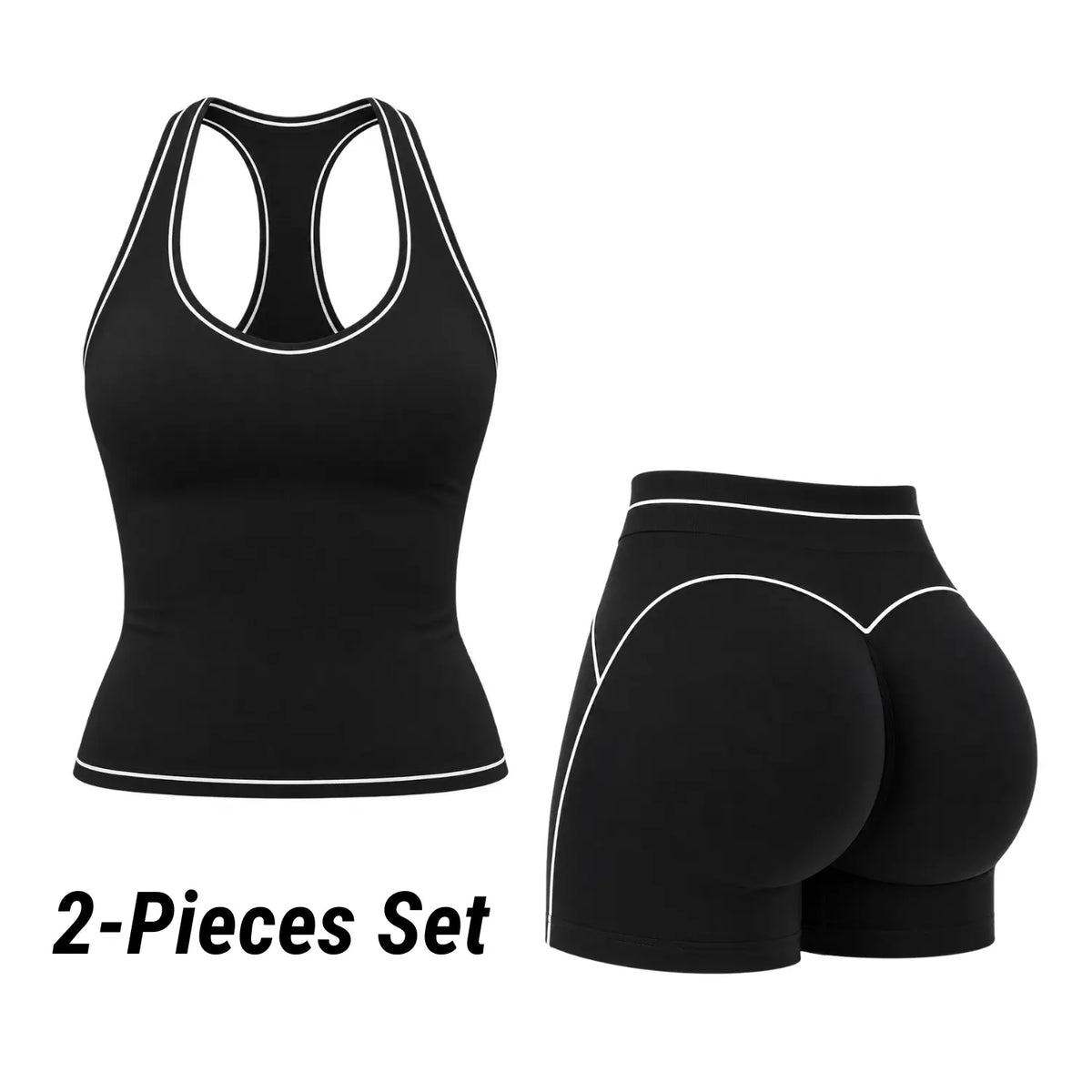 POWERASIA Women's Contrast Trim 2-Piece Activewear Set - Backless Strappy Sports Bra and High-Waist Sculpting Leggings, Stretchy Seamless Gym Apparel