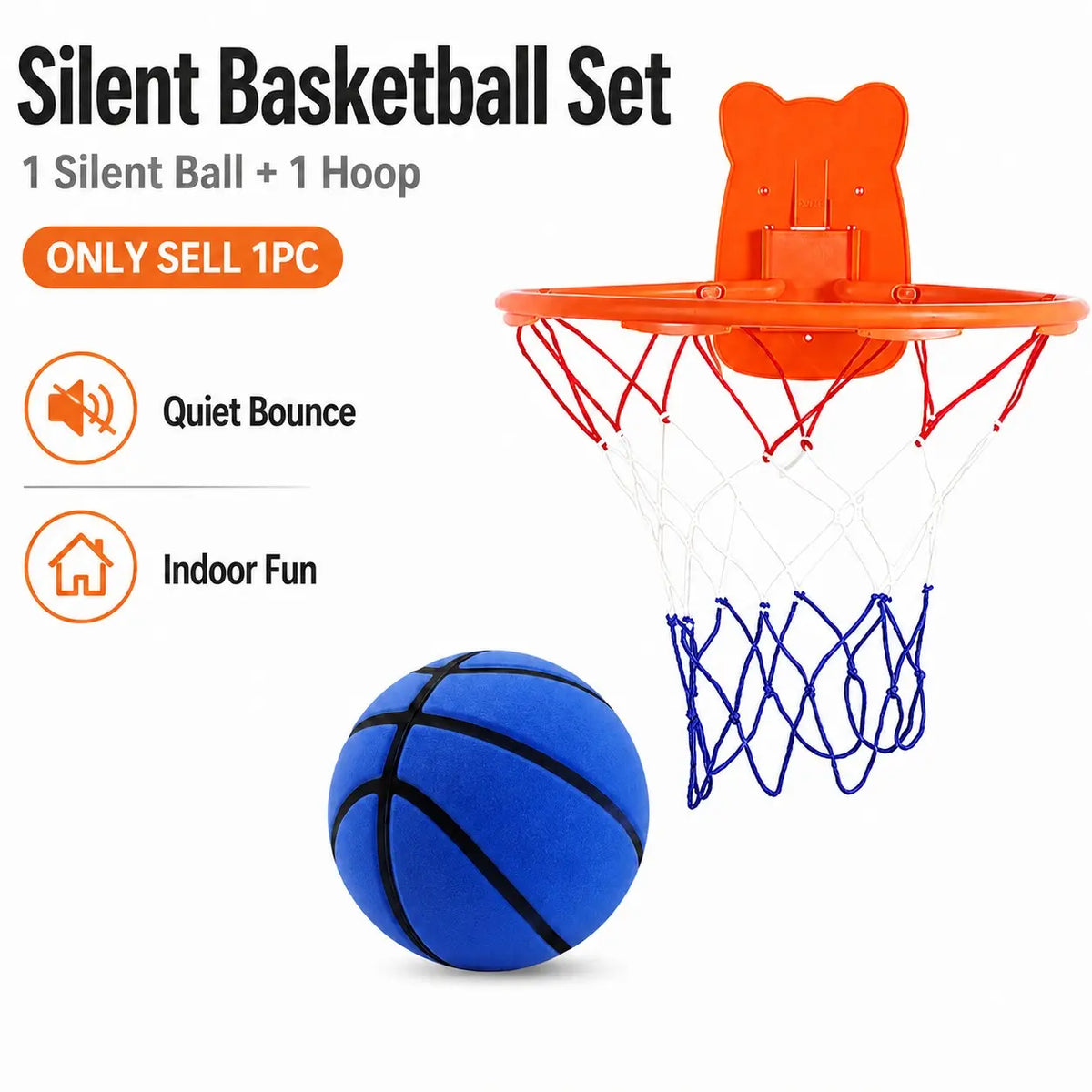 Quiet Indoor Basketball Set, Low Noise Basketball, Noise-Free Rebound Ball & Hoop, Quiet Practice Ball, Noiseless Rebound Ball and Hoop for Silent Indoor Play, Ball Sports Equipment