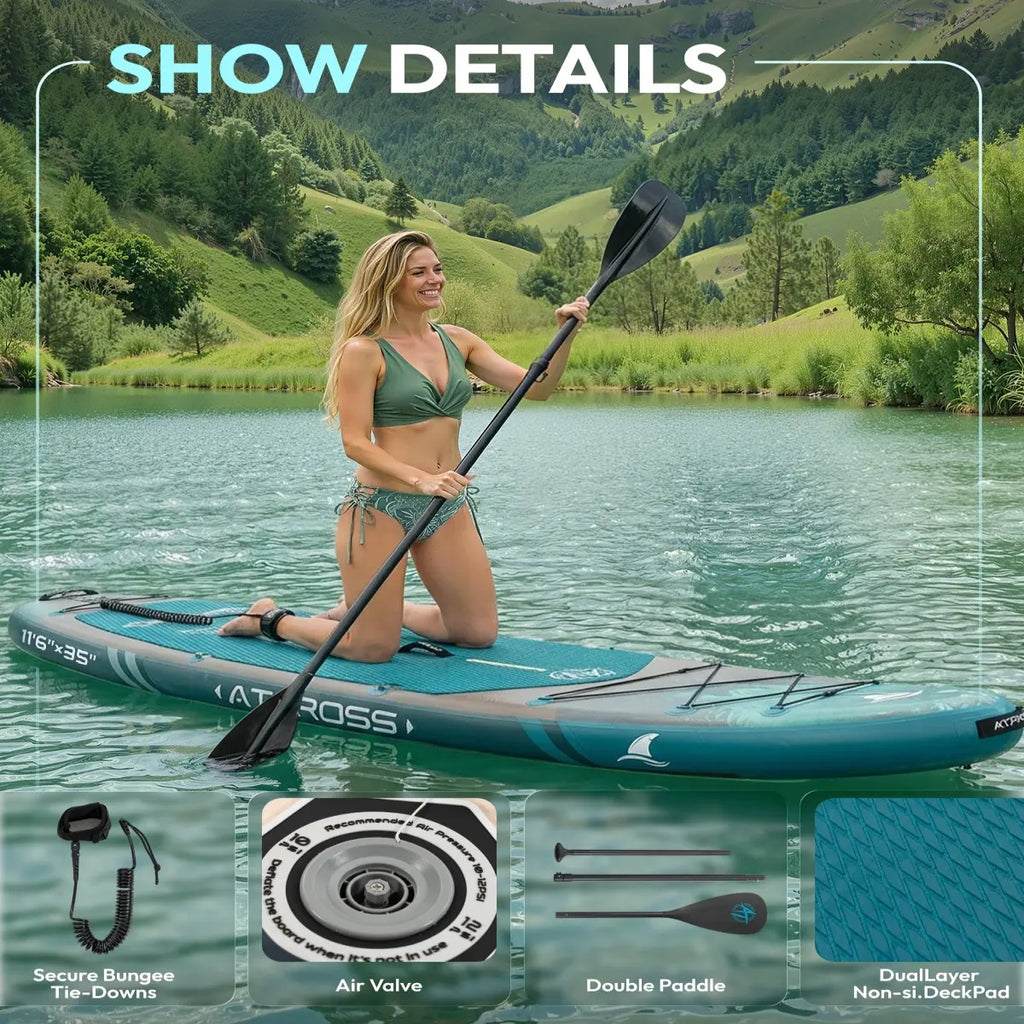 [Fallpick] Unisex Inflatable Paddleboard for Adults, 11'6"X35" Wide Wood Grain SUP with Sit/Stand Seat, 450Lbs Cap, Non-Slip Deck, Complete Kit with 600D Oxford Bag & Paddle, Abrasion-Resistant, for Yoga, Fishing, SUP Boarding, Beginners, Travel