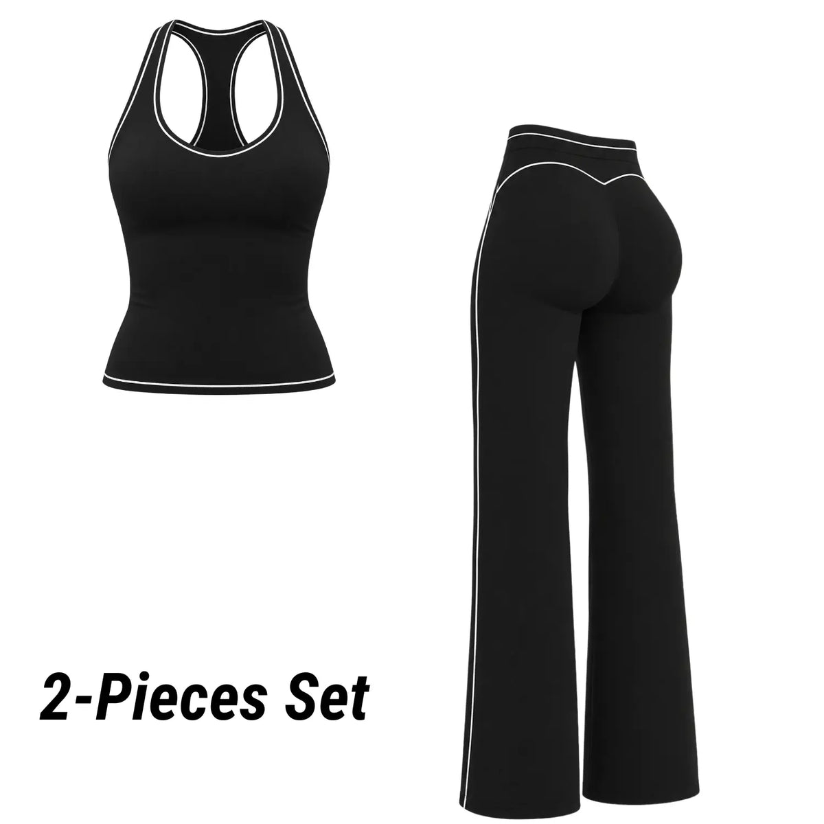 POWERASIA Women's Contrast Trim 2-Piece Activewear Set - Backless Strappy Sports Bra and High-Waist Sculpting Leggings, Stretchy Seamless Gym Apparel
