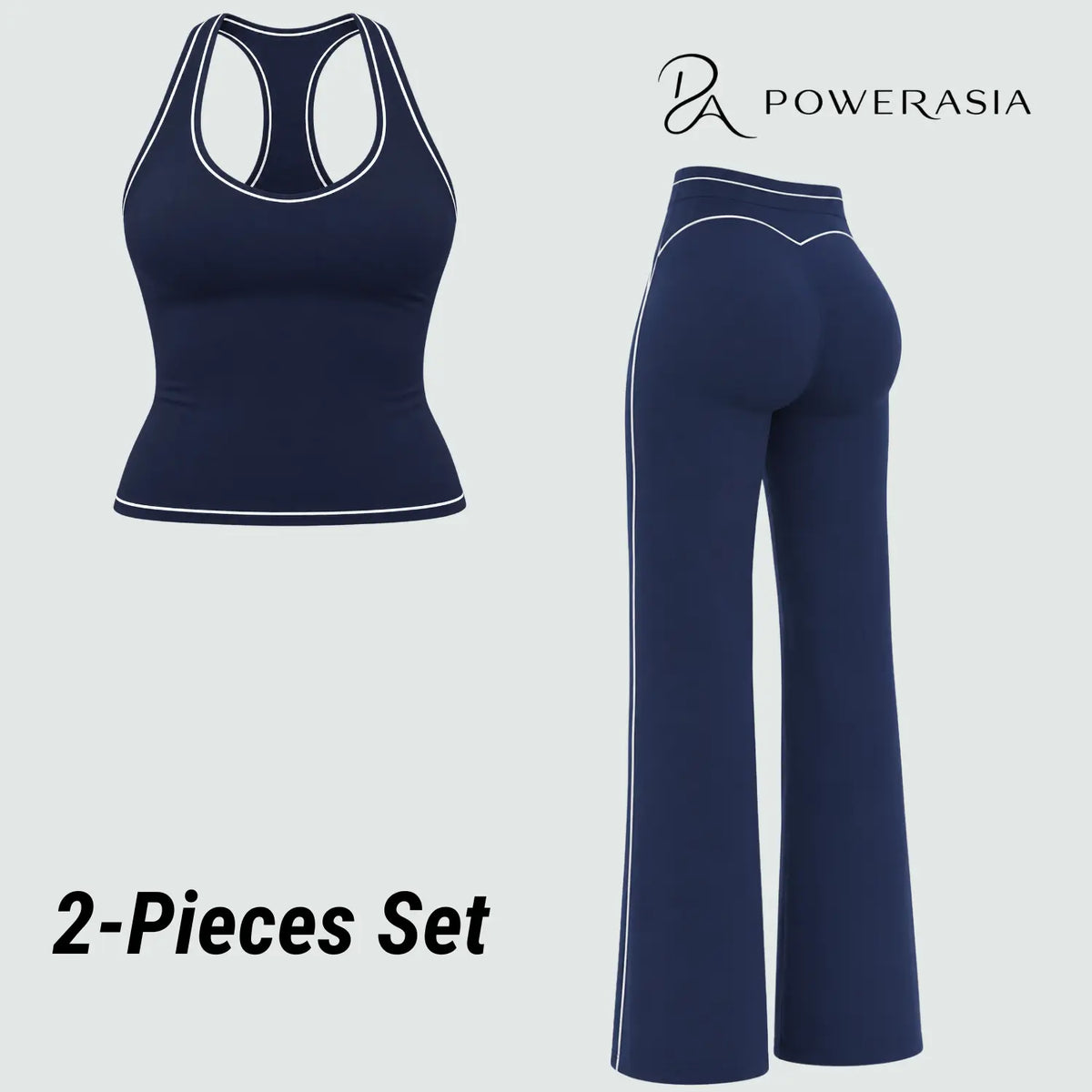 POWERASIA Women's Contrast Trim 2-Piece Activewear Set - Backless Strappy Sports Bra and High-Waist Sculpting Leggings, Stretchy Seamless Gym Apparel