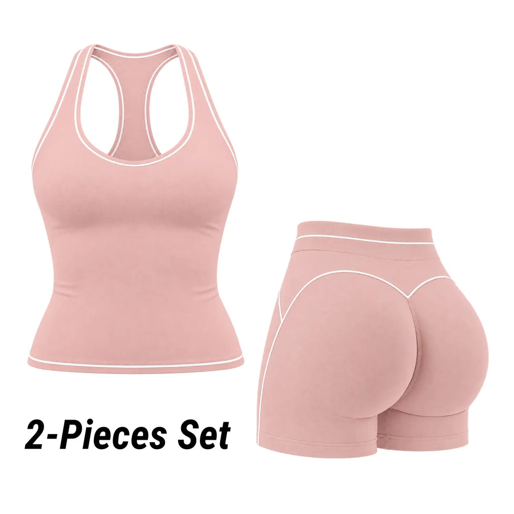 POWERASIA Women's Contrast Trim 2-Piece Activewear Set - Backless Strappy Sports Bra and High-Waist Sculpting Leggings, Stretchy Seamless Gym Apparel