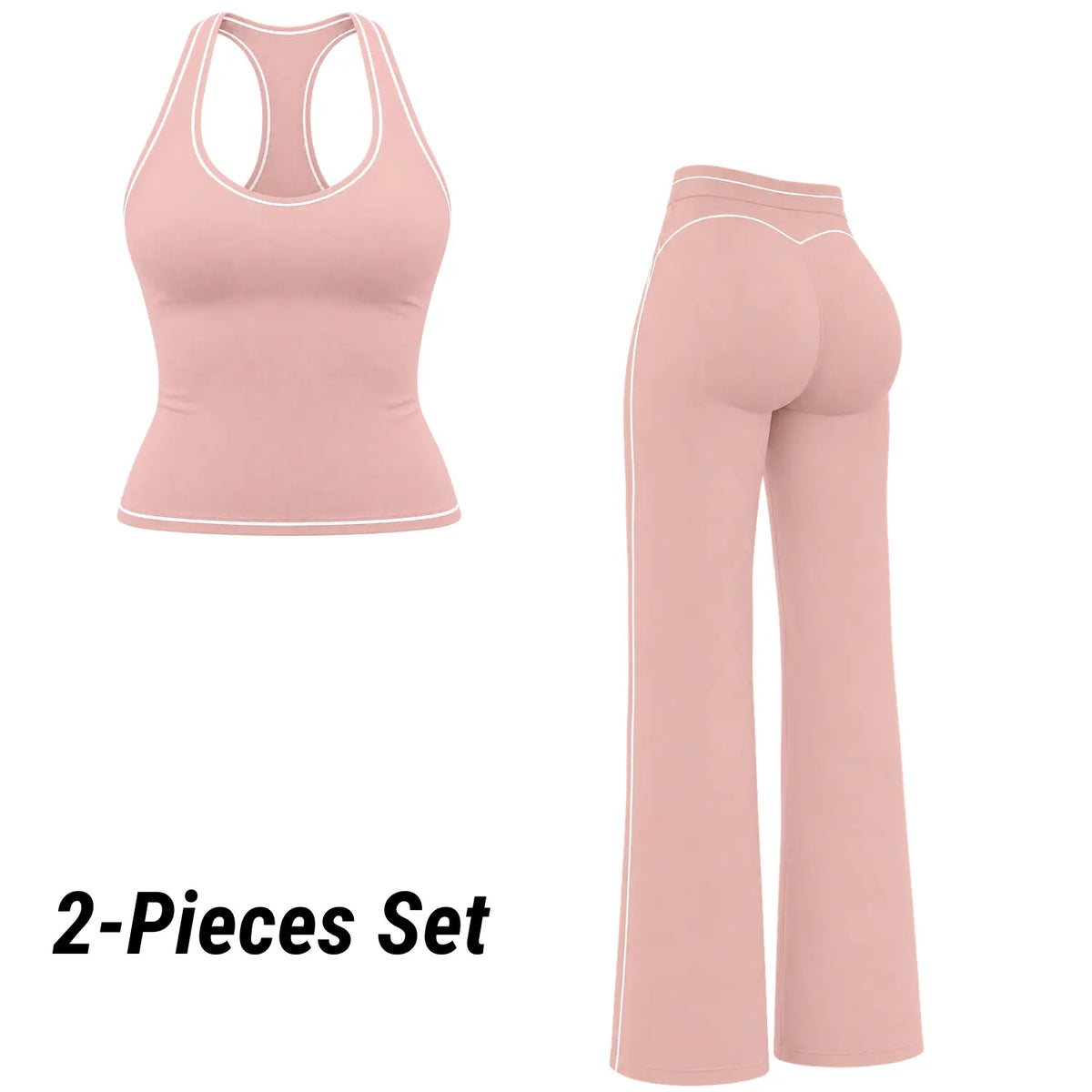 POWERASIA Women's Contrast Trim 2-Piece Activewear Set - Backless Strappy Sports Bra and High-Waist Sculpting Leggings, Stretchy Seamless Gym Apparel