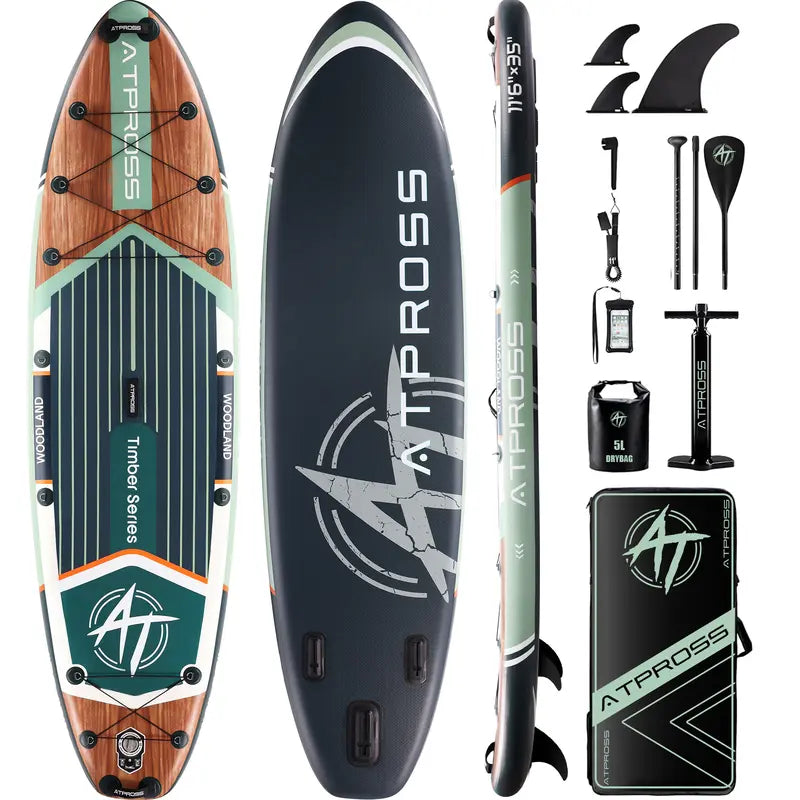 [Fallpick] Unisex Inflatable Paddleboard for Adults, 11'6"X35" Wide Wood Grain SUP with Sit/Stand Seat, 450Lbs Cap, Non-Slip Deck, Complete Kit with 600D Oxford Bag & Paddle, Abrasion-Resistant, for Yoga, Fishing, SUP Boarding, Beginners, Travel