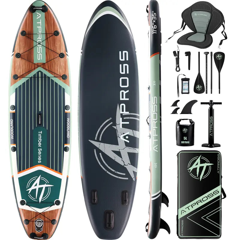 [Fallpick] Unisex Inflatable Paddleboard for Adults, 11'6"X35" Wide Wood Grain SUP with Sit/Stand Seat, 450Lbs Cap, Non-Slip Deck, Complete Kit with 600D Oxford Bag & Paddle, Abrasion-Resistant, for Yoga, Fishing, SUP Boarding, Beginners, Travel