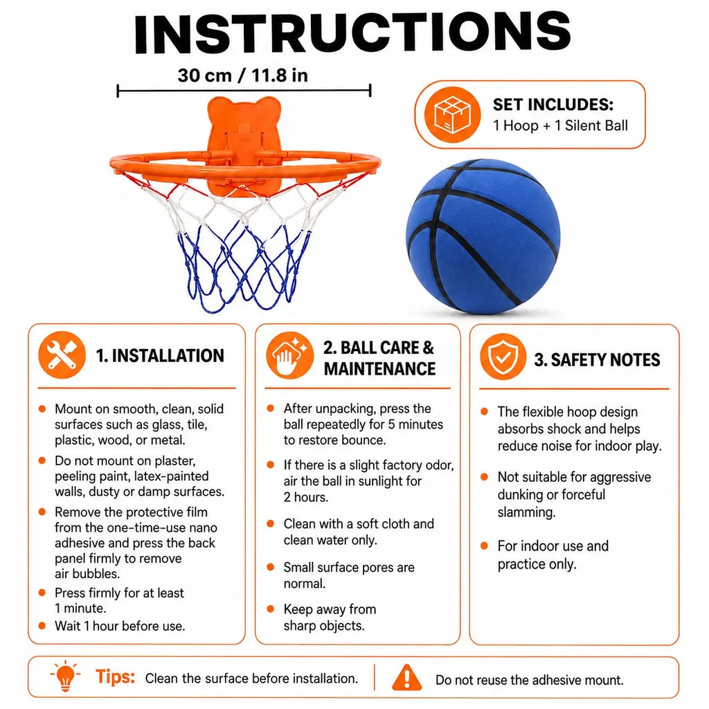 Quiet Indoor Basketball Set, Low Noise Basketball, Noise-Free Rebound Ball & Hoop, Quiet Practice Ball, Noiseless Rebound Ball and Hoop for Silent Indoor Play, Ball Sports Equipment