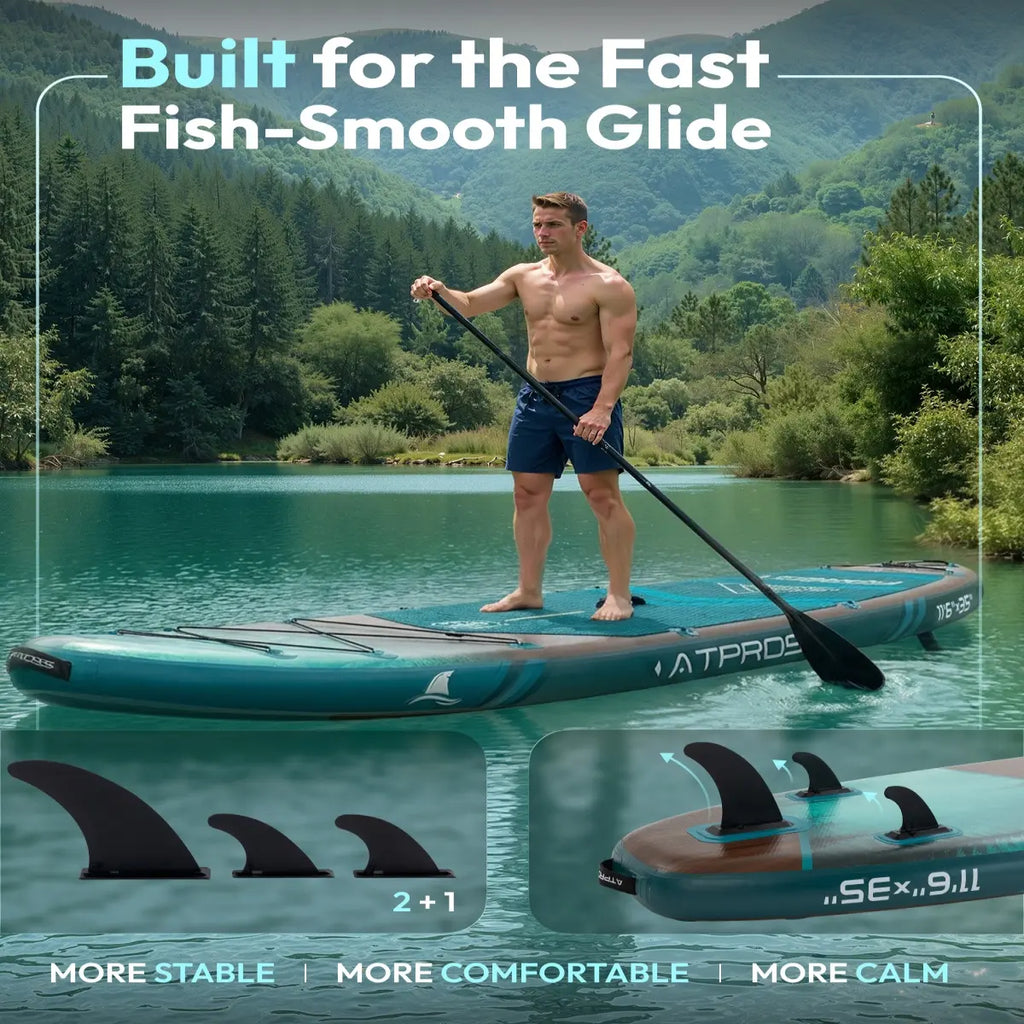 [Fallpick] Unisex Inflatable Paddleboard for Adults, 11'6"X35" Wide Wood Grain SUP with Sit/Stand Seat, 450Lbs Cap, Non-Slip Deck, Complete Kit with 600D Oxford Bag & Paddle, Abrasion-Resistant, for Yoga, Fishing, SUP Boarding, Beginners, Travel