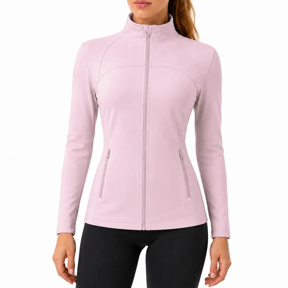 Women's Slim Fit Full Zip Jacket - Long Sleeve Yoga Top with Four Pockets for Activewear and Running (Recommended to Size Up)