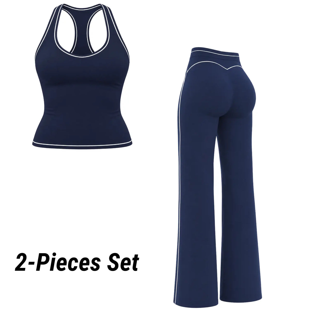 POWERASIA Women's Contrast Trim 2-Piece Activewear Set - Backless Strappy Sports Bra and High-Waist Sculpting Leggings, Stretchy Seamless Gym Apparel