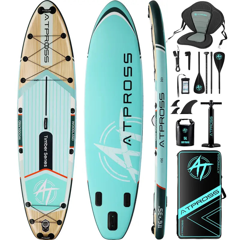 [Fallpick] Unisex Inflatable Paddleboard for Adults, 11'6"X35" Wide Wood Grain SUP with Sit/Stand Seat, 450Lbs Cap, Non-Slip Deck, Complete Kit with 600D Oxford Bag & Paddle, Abrasion-Resistant, for Yoga, Fishing, SUP Boarding, Beginners, Travel